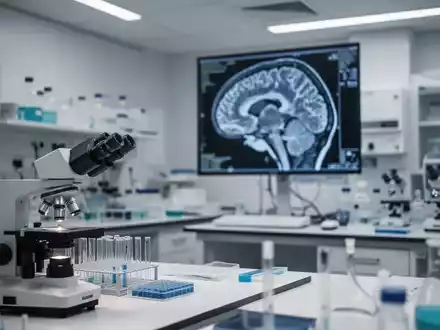 Moderne medizinische Forschungsumgebung mit einem unscharfen Bild einer neurologischen Gehirnaufnahme auf einem Monitor. - Foto: über boerse-global.de