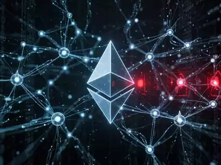 Abstrakte digitale Darstellung eines Ethereum-Netzwerks mit leuchtenden Datenströmen und bedrohlichen roten Akzenten. - Foto: über boerse-global.de