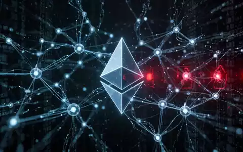 Abstrakte digitale Darstellung eines Ethereum-Netzwerks mit leuchtenden Datenströmen und bedrohlichen roten Akzenten. - Foto: über boerse-global.de
