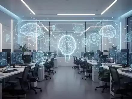 Moderner Büroarbeitsplatz mit abstrakten digitalen Datenvisualisierungen, die KI-Agenten und Büroautomatisierung darstellen. - Foto: über boerse-global.de