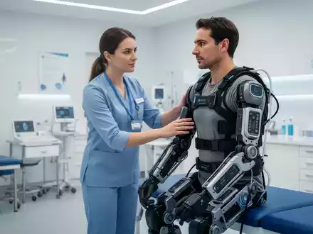 Physiotherapeut unterstützt einen Patienten bei der Rehabilitation mit einem modernen Exoskelett in einer Klinik. - Foto: über boerse-global.de