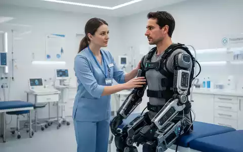 Physiotherapeut unterstützt einen Patienten bei der Rehabilitation mit einem modernen Exoskelett in einer Klinik. - Foto: über boerse-global.de