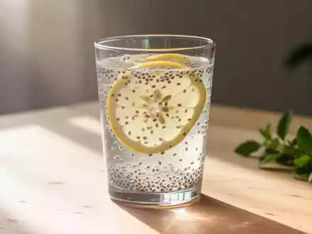 Ein Glas Chia-Samen-Limonade mit Zitronenscheiben auf einem hellen Holztisch in hellem, natürlichem Licht. - Foto: über boerse-global.de