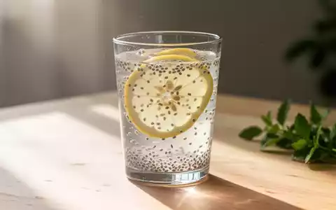 Ein Glas Chia-Samen-Limonade mit Zitronenscheiben auf einem hellen Holztisch in hellem, natürlichem Licht. - Foto: über boerse-global.de