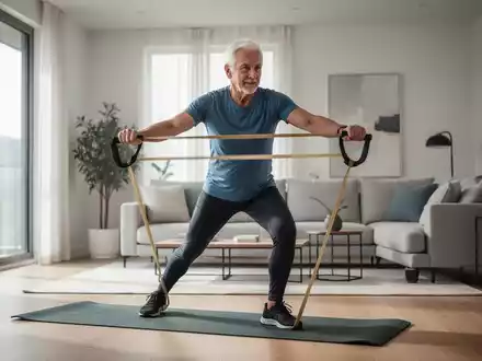 Eine sportliche Person über 50 trainiert in einem hellen Raum mit einem Widerstandsband für Kraft und Mobilität. - Foto: über boerse-global.de