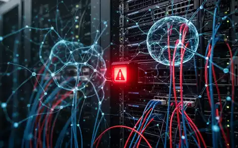 Dunkler Serverraum mit leuchtenden Glasfaserkabeln und digitalen Netzwerkmustern als Symbol für eine KI-Sicherheitslücke. - Foto: über boerse-global.de