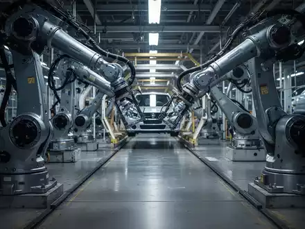Leere Fertigungsstraße in einem Automobilwerk mit industriellen Roboterarmen unter gedimmter Beleuchtung. - Foto: über boerse-global.de