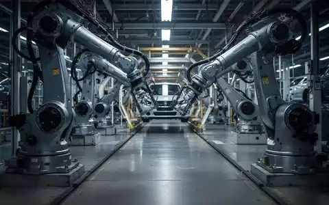 Leere Fertigungsstraße in einem Automobilwerk mit industriellen Roboterarmen unter gedimmter Beleuchtung. - Foto: über boerse-global.de
