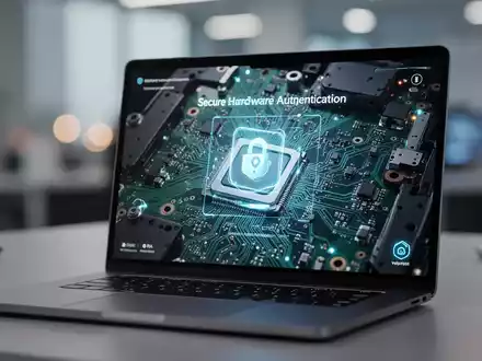 Moderner Laptop-Bildschirm mit Hardware-Sicherheitsüberprüfungsoberfläche und unscharfem Bürohintergrund. - Foto: über boerse-global.de