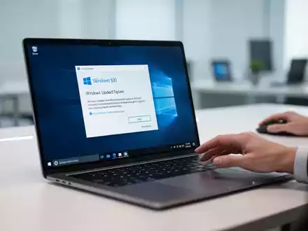 Ein moderner Laptop-Bildschirm mit einer Windows-Update-Oberfläche in einem minimalistischen, hellen Büro. - Foto: über boerse-global.de