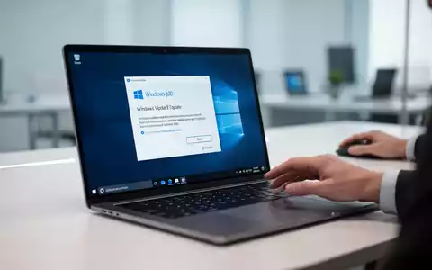 Ein moderner Laptop-Bildschirm mit einer Windows-Update-Oberfläche in einem minimalistischen, hellen Büro. - Foto: über boerse-global.de