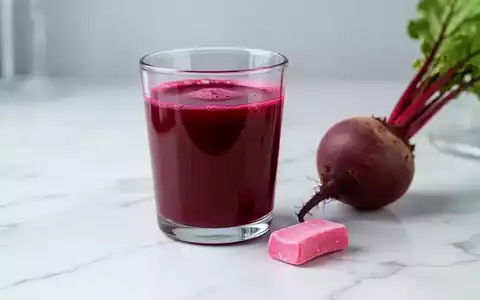 Ein Glas Rote-Bete-Saft steht neben einem Kaugummi auf einem hellen Untergrund als Symbol für die Studie zur Blutdrucksenkung. - Foto: über boerse-global.de