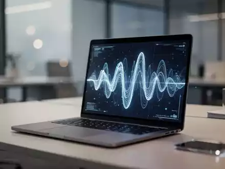 Moderner, minimalistischer Büroarbeitsplatz mit Laptop, der eine digitale Sprachschnittstellen-Wellenform anzeigt. - Foto: über boerse-global.de