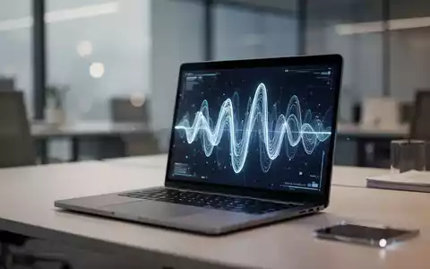 Moderner, minimalistischer Büroarbeitsplatz mit Laptop, der eine digitale Sprachschnittstellen-Wellenform anzeigt. - Foto: über boerse-global.de
