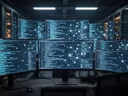 Digitale Bildschirme in einem Sicherheitszentrum zeigen komplexen Programmcode und Netzwerkdiagramme zur Cybersicherheit. - Foto: über boerse-global.de