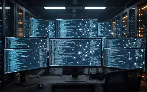Digitale Bildschirme in einem Sicherheitszentrum zeigen komplexen Programmcode und Netzwerkdiagramme zur Cybersicherheit. - Foto: über boerse-global.de