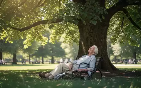 Eine ältere Person ruht sich an einem heißen Sommertag entspannt im schattigen Bereich unter einer großen Baumkrone aus. - Foto: über boerse-global.de