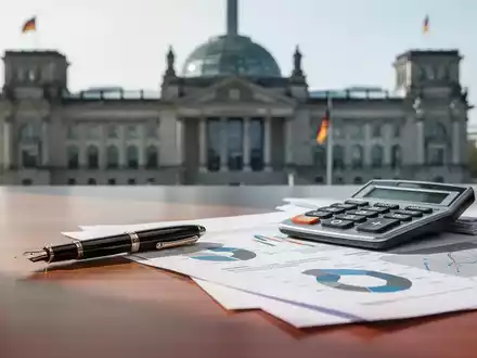 Ein moderner Schreibtisch mit Taschenrechner und Finanzdokumenten vor einem unscharfen Hintergrund eines Regierungsgebäudes. - Foto: über boerse-global.de