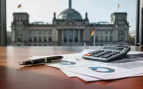 Ein moderner Schreibtisch mit Taschenrechner und Finanzdokumenten vor einem unscharfen Hintergrund eines Regierungsgebäudes. - Foto: über boerse-global.de