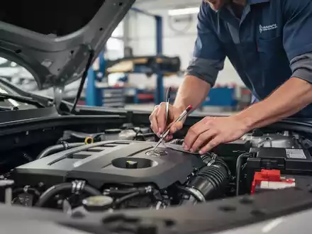Mechaniker bei der professionellen Sicherheitsinspektion eines modernen Automotors in einer sauberen Werkstatt. - Foto: über boerse-global.de