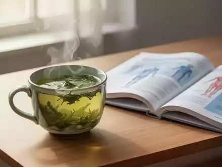 Eine dampfende Tasse grüner Tee auf einem Holztisch neben medizinischen Fachunterlagen. - Foto: über boerse-global.de