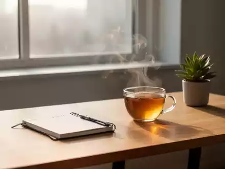 Ein aufgeräumter, lichtdurchfluteter Arbeitsplatz mit einer Teetasse und einer Pflanze als Symbol für mentale Balance. - Foto: über boerse-global.de