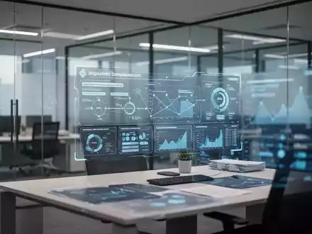 Moderner Finanzarbeitsplatz mit digitaler Oberfläche, die komplexe Datenvisualisierung und Compliance-Workflows zeigt. - Foto: über boerse-global.de