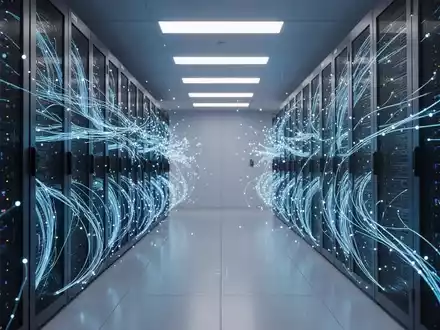 Moderne Serverinfrastruktur mit blau leuchtenden Glasfaserkabeln als Symbol für die KI-Kooperation von Samsung und Anthropic. - Foto: über boerse-global.de