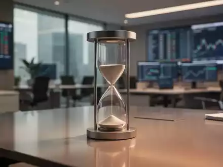 Eine moderne Sanduhr auf einem Büroschreibtisch als Symbol für die Kopplung des Renteneintrittsalters an die Lebenszeit. - Foto: über boerse-global.de