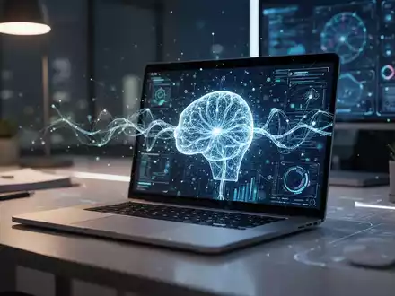 Ein moderner Arbeitsplatz mit Laptop, auf dem eine abstrakte KI-Schnittstelle zur Automatisierung von Aufgaben zu sehen ist. - Foto: über boerse-global.de