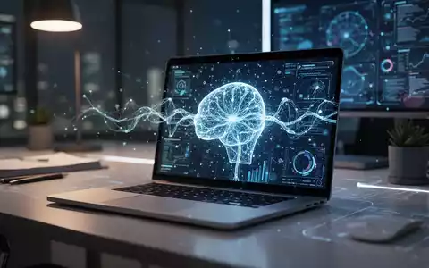 Ein moderner Arbeitsplatz mit Laptop, auf dem eine abstrakte KI-Schnittstelle zur Automatisierung von Aufgaben zu sehen ist. - Foto: über boerse-global.de