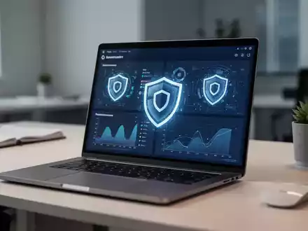 Laptop-Bildschirm mit Cybersicherheits-Datenanalyse und digitalen Schutzsymbolen in modernem Büro. - Foto: über boerse-global.de