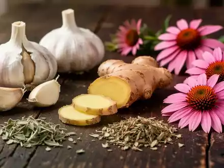 Frische Knoblauchzehen, Ingwer, Oregano und Echinacea-Blüten auf einem dunklen Holztisch arrangiert. - Foto: über boerse-global.de