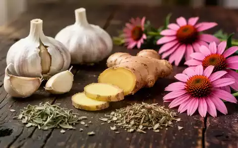 Frische Knoblauchzehen, Ingwer, Oregano und Echinacea-Blüten auf einem dunklen Holztisch arrangiert. - Foto: über boerse-global.de