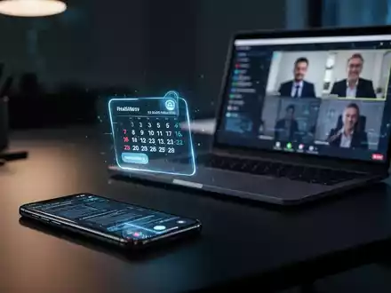 Smartphone und Laptop auf einem Schreibtisch mit Kalenderbenachrichtigung und Videokonferenz-Oberfläche, symbolisiert Phishing-Risiken. - Foto: über boerse-global.de