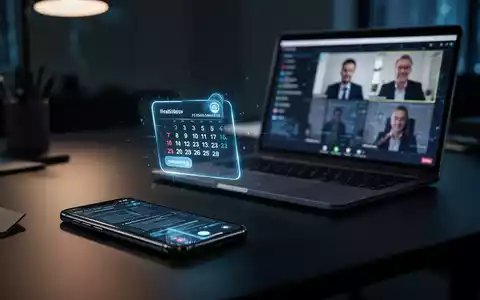 Smartphone und Laptop auf einem Schreibtisch mit Kalenderbenachrichtigung und Videokonferenz-Oberfläche, symbolisiert Phishing-Risiken. - Foto: über boerse-global.de