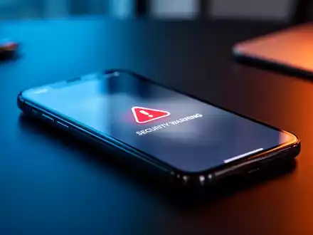 Ein Smartphone auf einem dunklen Büroschreibtisch mit einer angedeuteten Sicherheitswarnung auf dem Bildschirm. - Foto: über boerse-global.de