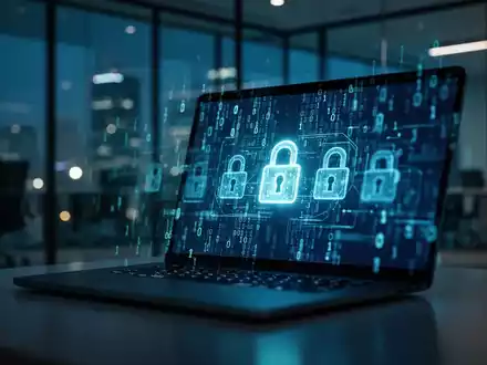Moderner Büroarbeitsplatz mit leuchtenden digitalen Sicherheitssymbolen auf einem Bildschirm, die Cybersicherheitsbedrohungen darstellen. - Foto: über boerse-global.de