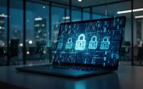 Moderner Büroarbeitsplatz mit leuchtenden digitalen Sicherheitssymbolen auf einem Bildschirm, die Cybersicherheitsbedrohungen darstellen. - Foto: über boerse-global.de