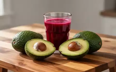 Frische Avocados und ein Glas Rote-Bete-Saft auf einem Holztisch als Symbol für herzgesunde Ernährung. - Foto: über boerse-global.de