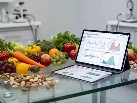 Frische Lebensmittel und ein Tablet mit medizinischen Gesundheitsdaten auf einem Labortisch zur Ernährungstherapie. - Foto: über boerse-global.de