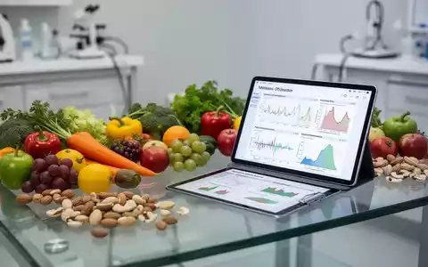 Frische Lebensmittel und ein Tablet mit medizinischen Gesundheitsdaten auf einem Labortisch zur Ernährungstherapie. - Foto: über boerse-global.de
