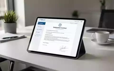 Digitales Tablet mit Arbeitsvertrag auf einem modernen Schreibtisch als Symbol für digitale HR-Prozesse. - Foto: über boerse-global.de