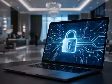 Laptop mit abstrakten digitalen Netzwerksymbolen in einem Hotelumfeld zur Veranschaulichung von WLAN-Sicherheitsrisiken. - Foto: über boerse-global.de