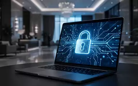Laptop mit abstrakten digitalen Netzwerksymbolen in einem Hotelumfeld zur Veranschaulichung von WLAN-Sicherheitsrisiken. - Foto: über boerse-global.de