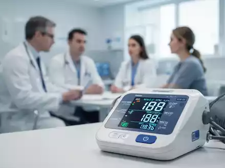 Digitales Blutdruckmessgerät in einer modernen Arztpraxis mit einem Arzt und Patienten im unscharfen Hintergrund. - Foto: über boerse-global.de