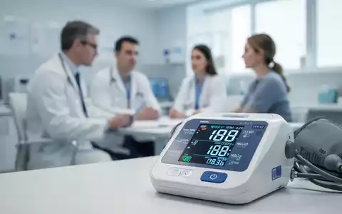 Digitales Blutdruckmessgerät in einer modernen Arztpraxis mit einem Arzt und Patienten im unscharfen Hintergrund. - Foto: über boerse-global.de