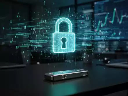 Leuchtendes digitales Vorhängeschloss-Symbol und Hardware-Sicherheitsschlüssel auf einem Schreibtisch, Symbol für Online-Handelssicherheit. - Foto: über boerse-global.de