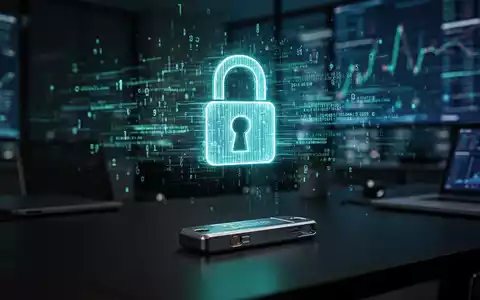 Leuchtendes digitales Vorhängeschloss-Symbol und Hardware-Sicherheitsschlüssel auf einem Schreibtisch, Symbol für Online-Handelssicherheit. - Foto: über boerse-global.de