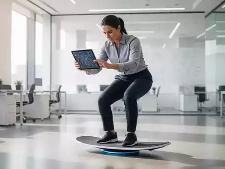 Eine Person trainiert auf einem Balance-Board und nutzt gleichzeitig ein Tablet für kognitives Training. - Foto: über boerse-global.de